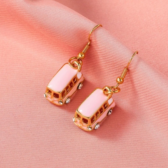 Bus Shape Gold Rhinestone Dangle Earrings Pink - Picture 2 of 5